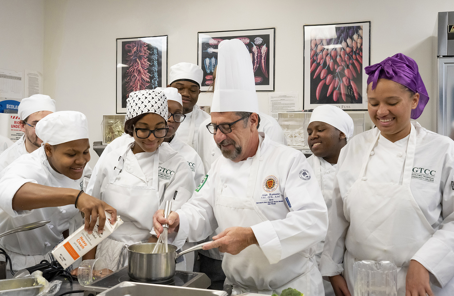 Chef Al Romano and class, Koury Hospitality Center, September 2024 (Photo credit: Carrie Lilly/Guilford Technical Community College)
